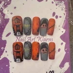 Halloween Press On Nails Fall Autumn Spooky Nail‎ Art Warm False Nails